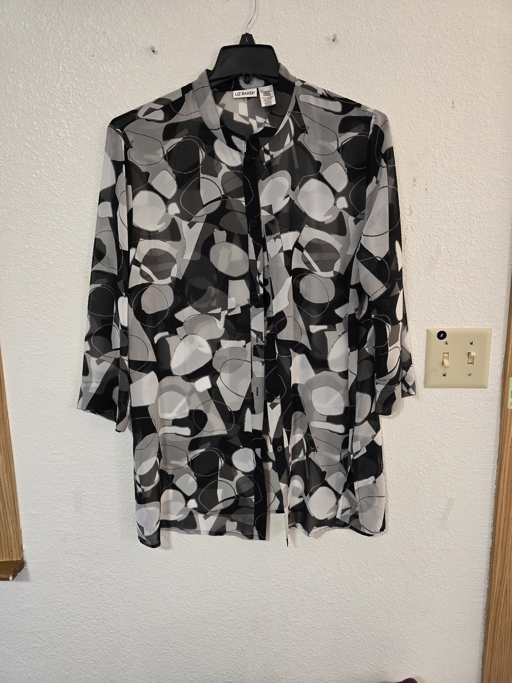 Liz Baker Semi-Sheer Abstract Print Longline Button Down Tunic Top XL